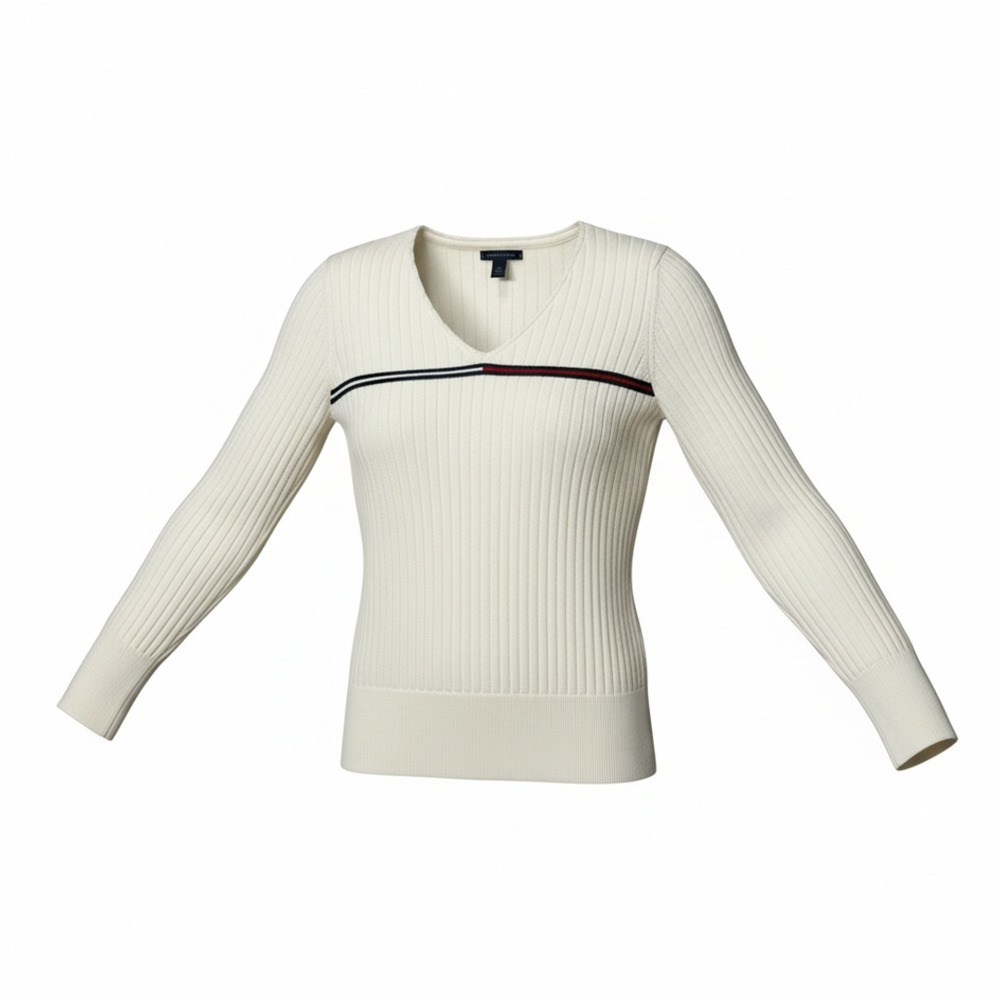 Tommy Hilfiger V-Neck Ribbed Sweater Size L Off-White